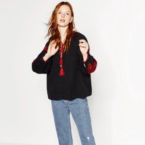 Zara Black and Red Embroidered Peasant Blouse Sz S